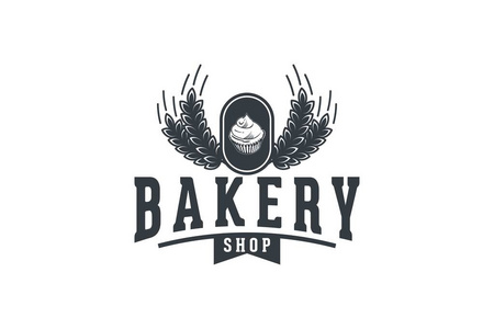 蛋糕和小麦老式面包店徽标设计灵感