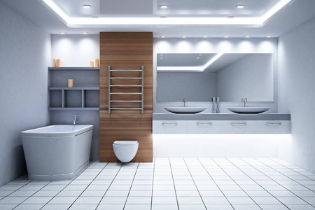 新的白色和木制浴室内饰。风格和设计理念。3d 渲染