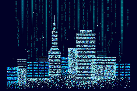 智能城市3d 点斑点。智能楼宇自动化系统的经营理念。网络在线计算机二进制代码。建筑城市景观技术素描横幅矢量插图