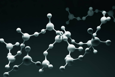 黑色背景下的白色抽象分子模型。科学化学医学和微观研究的概念。3d 渲染复制空间