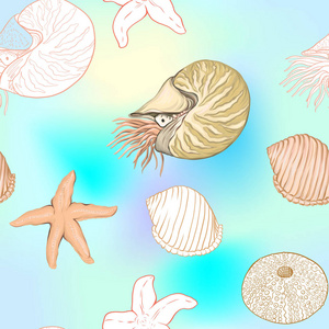 海世界无缝格局, 背景与鱼, 珊瑚和贝壳在蓝色和白色条纹背景。股票矢量图。彩色和轮廓设计