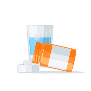 药物载体概念。药物倒入药丸瓶的盖子, 并在背景玻璃水
