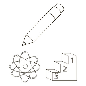 学校和教育大纲图标集合中的设计。学院, 设备和附件矢量符号股票网页插图