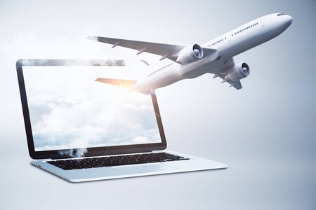 飞机从笔记本电脑屏幕上飞出天空。在线预订和度假概念。3d 渲染