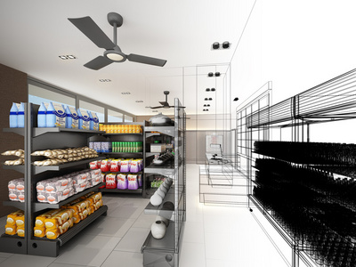 设计素描的超市，3d 渲染