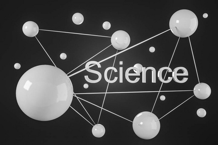 黑色背景下的光滑白色抽象分子模型。白字科学。科学医学技术和商业的概念。3d 渲染模拟