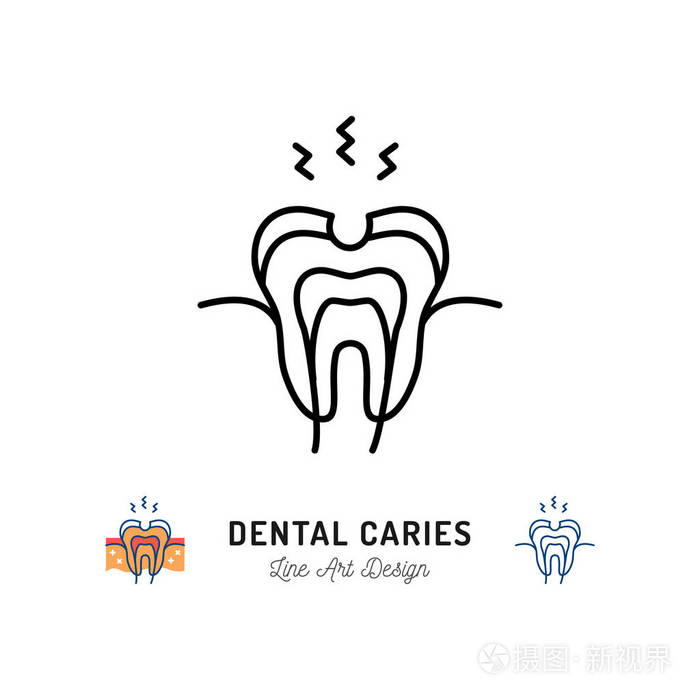 龋齿图标.牙孔, 牙釉质损坏, 牙痛.