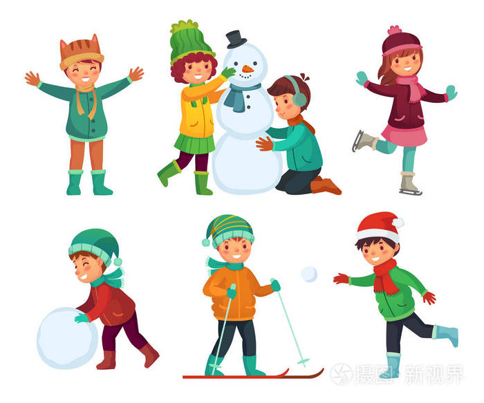 孩子们玩雪.卡通儿童字符在冬天帽子向量收集