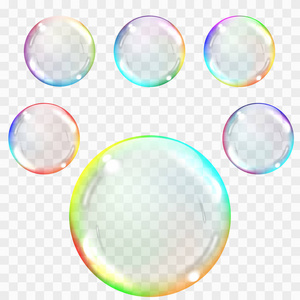 透明的肥皂气泡。在格子背景上的真实插图。一套五彩透明玻璃球。仅在矢量格式中透明。可以与任何背景一起使用