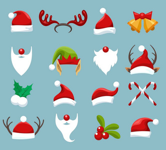 圣诞饰品。圣诞老人和精灵的脸穿着, 驯鹿和雪人的衣服冬季滑稽的照片, 矢量插图