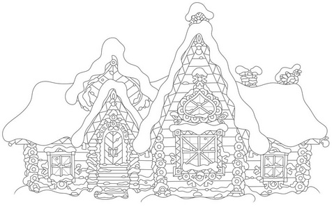 装饰的原木房子从一个童话覆盖雪, 黑白矢量插图的卡通风格