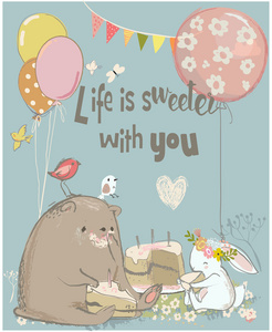 生日贺卡与可爱熊和兔子