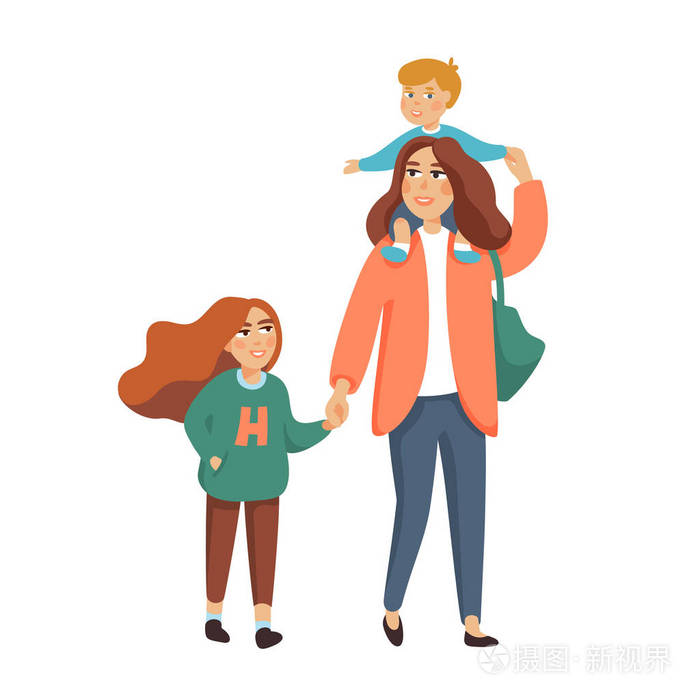 年轻时尚的母亲或保姆, 保姆与2孩子散步.幸福的家庭.