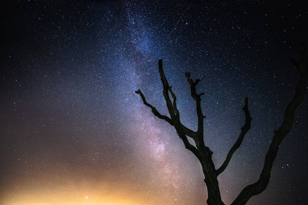 在漆黑的夜晚, 天空中有一颗流星流星雨流星沐浴的机会, 晴朗的星空。美丽的图片与银河的核心