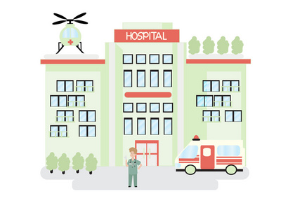 市医院的救护车和直升机在平面设计中的建设。矢量