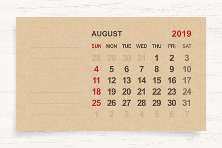 2019年8月月度日历在褐色纸和木背景与区域为笔记。矢量插图