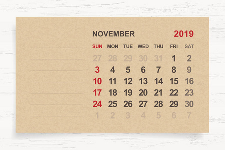 2019年11月月度日历在褐色纸和木背景与区域为笔记。矢量插图