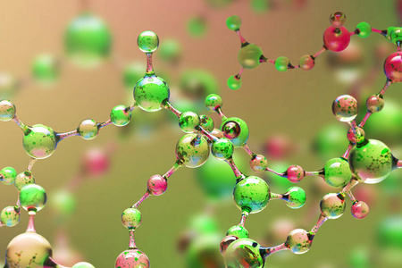 透明的绿色和红色的抽象分子模型在模糊的绿色和红色分子背景。科学化学医学和微观研究的概念。3d 渲染复制空间