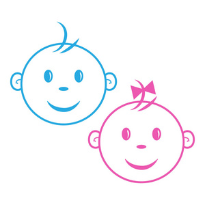 徽标的孩子。男孩和女孩。面对婴儿。蓝色和粉红色的颜色, 轮廓设计。矢量插图