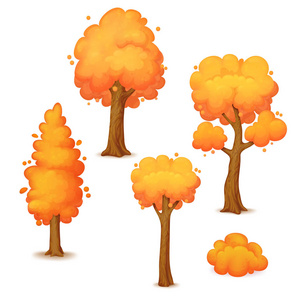 矢量插图。在白色背景下分离出黄橙叶的秋树集