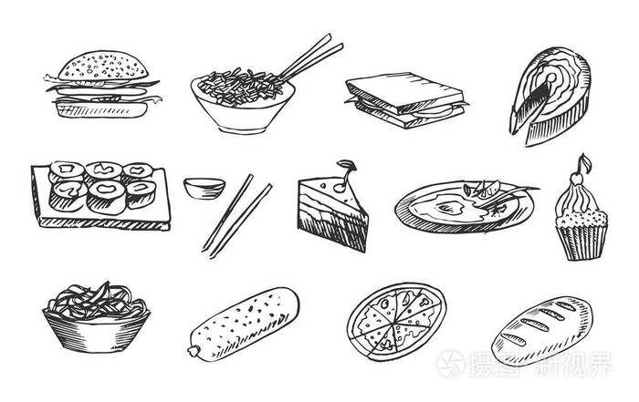 在白色背景上隔离的食物素描集, 矢量插图