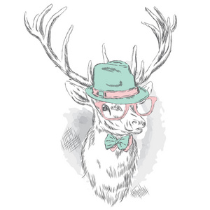 美丽的鹿在一顶帽子，太阳镜和一条领带。对于卡或海报的矢量图。打印在衣服和配件