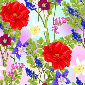 花卉无缝图案, 背景与春天的花朵