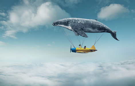 带着飞机的鲸鱼和云层上的两个女孩