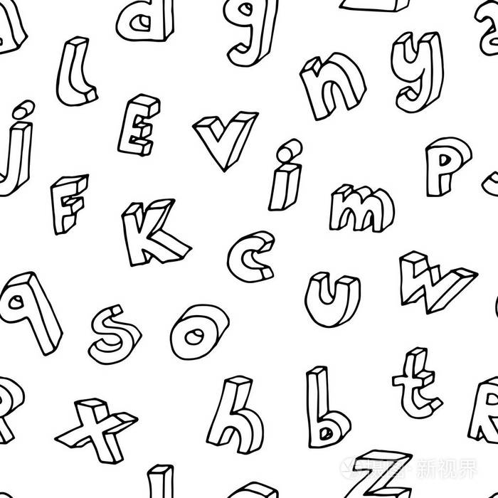 插画 手绘涂鸦散乱的等距字母无缝图案.矢量背景插图黑色结束白色.