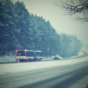 在雾中的汽车。恶劣的冬季天气和危险的汽车交通的道路上。轻型车辆在雾中