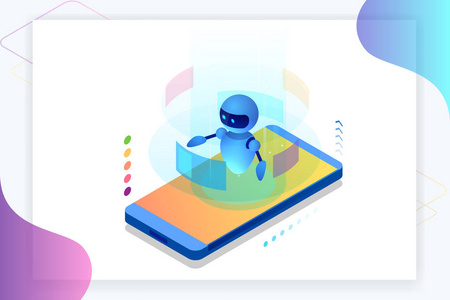 等距人工智能。Chatbot 和未来的营销。Ai 和商业的概念。对话框帮助服务。矢量插图