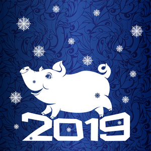 快活的猪在题字 2019, 滑稽的形象一个哺养的动物与雪花, 一年的标志在蓝色背景以冰冷的结冰的样式