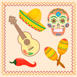 墨西哥假日洛杉矶穆埃尔托斯的象征性插图。头骨与图案, 草帽, 吉他和葫芦, 辣椒辣椒。矢量插图 Eps10