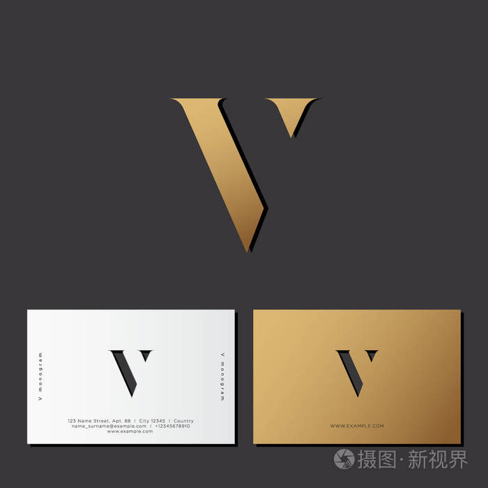 光学幻觉金字母.金色 v 标志在黑暗的背景.身份.名片
