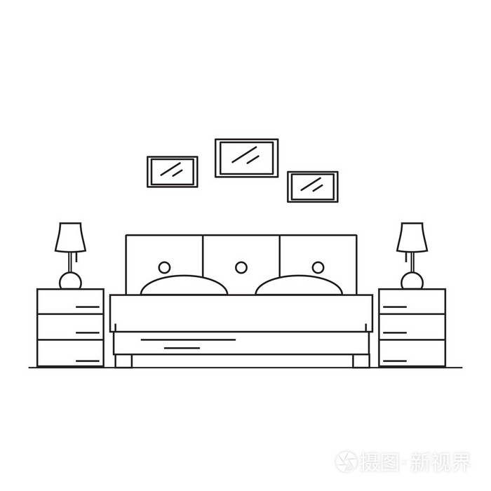 插画 室内设计卧室中的房子或酒店.房间睡觉中线条的样式.eps