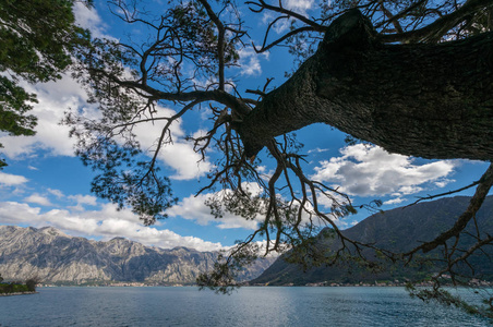 从黑山 Perast 镇岸边看到的 Kotor 湾海域和山脉令人惊叹的全景景观