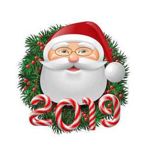 圣诞老人在常青树假日花圈装饰与红色莓果和糖果数量2019年。戴眼镜的滑稽面孔。矢量隔离插图