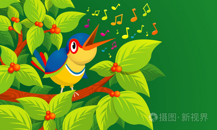 孤独鸟唱歌绿色背景-矢量图像上的一棵树的树枝上