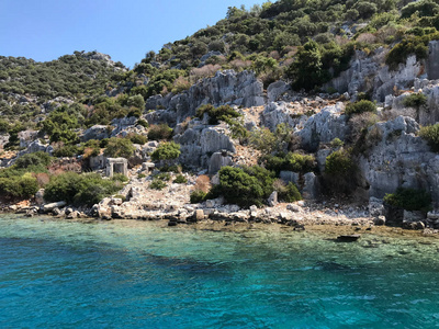 Kayakoy Kekova Simena 村, 费特希耶, 住宿沉没城市 Kekova 海湾的 Ucagiz 从海在土耳其