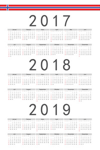 设置的矩形 2017 年挪威，到 2018 年，2019 年矢量日历