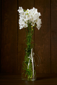 黑木背景花瓶中的白色花朵