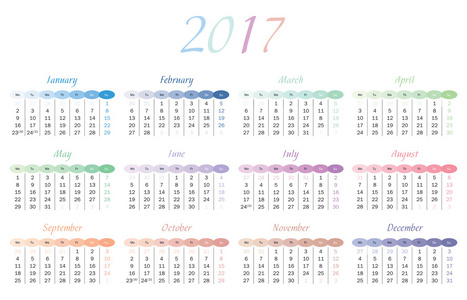 对英语中的 2017 年日历