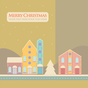 圣诞节, 新年贺卡与街景与可爱的房子在小镇