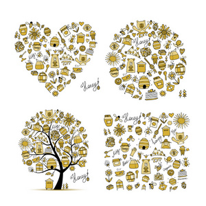 蜂蜜设置框架, 树, 心脏。设计草图