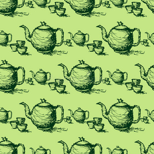 绿色茶壶矢量的无缝图形绘制