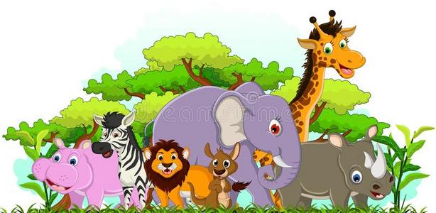 热带森林背景的可爱动物卡通
