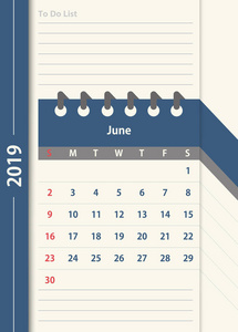 2019年6月日历。月历设计模板的复古色彩和做列表规划。星期从星期日开始。业务向量插图