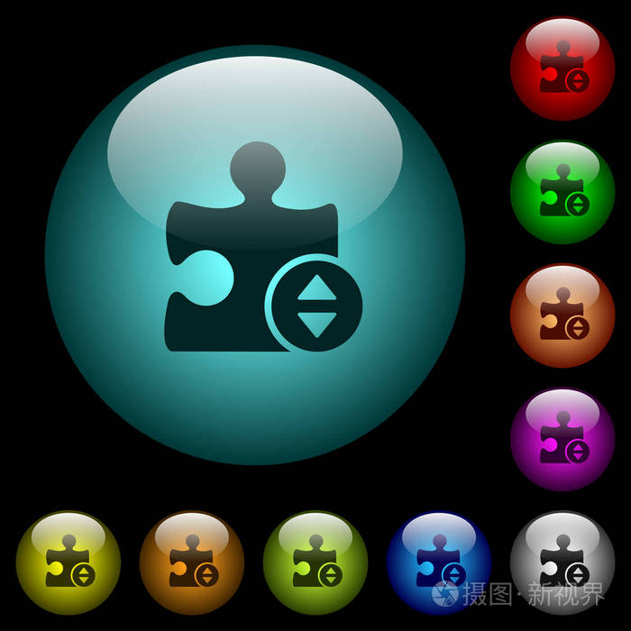 插件微调图标在彩色照明球形玻璃按钮黑色背景.可用于