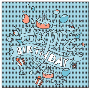 生日快乐版式矢量设计为贺卡和海报与气球, 蛋糕, 五彩纸屑和礼物箱子, 设计模板为生日庆祝