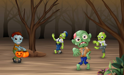 动画片僵尸在森林中行走的矢量图解照片